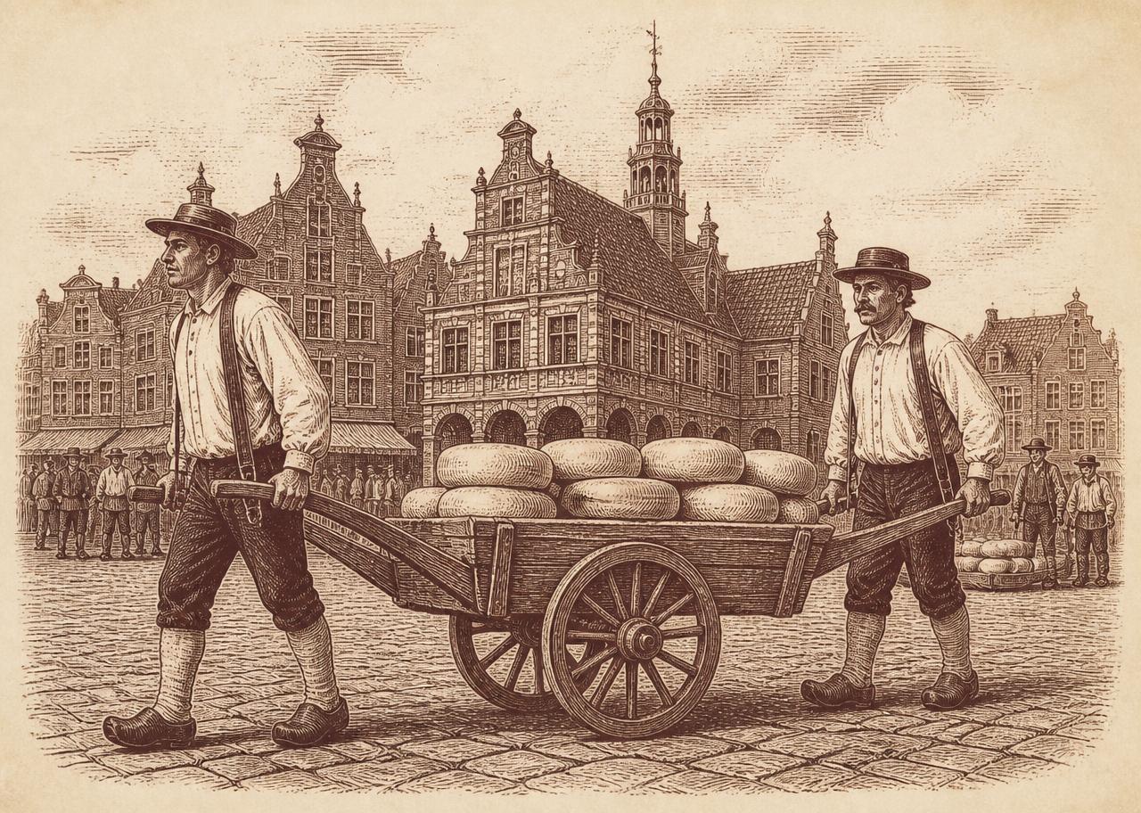 Gravure van kaasdragers met een berrie op de Alkmaarse kaasmarkt