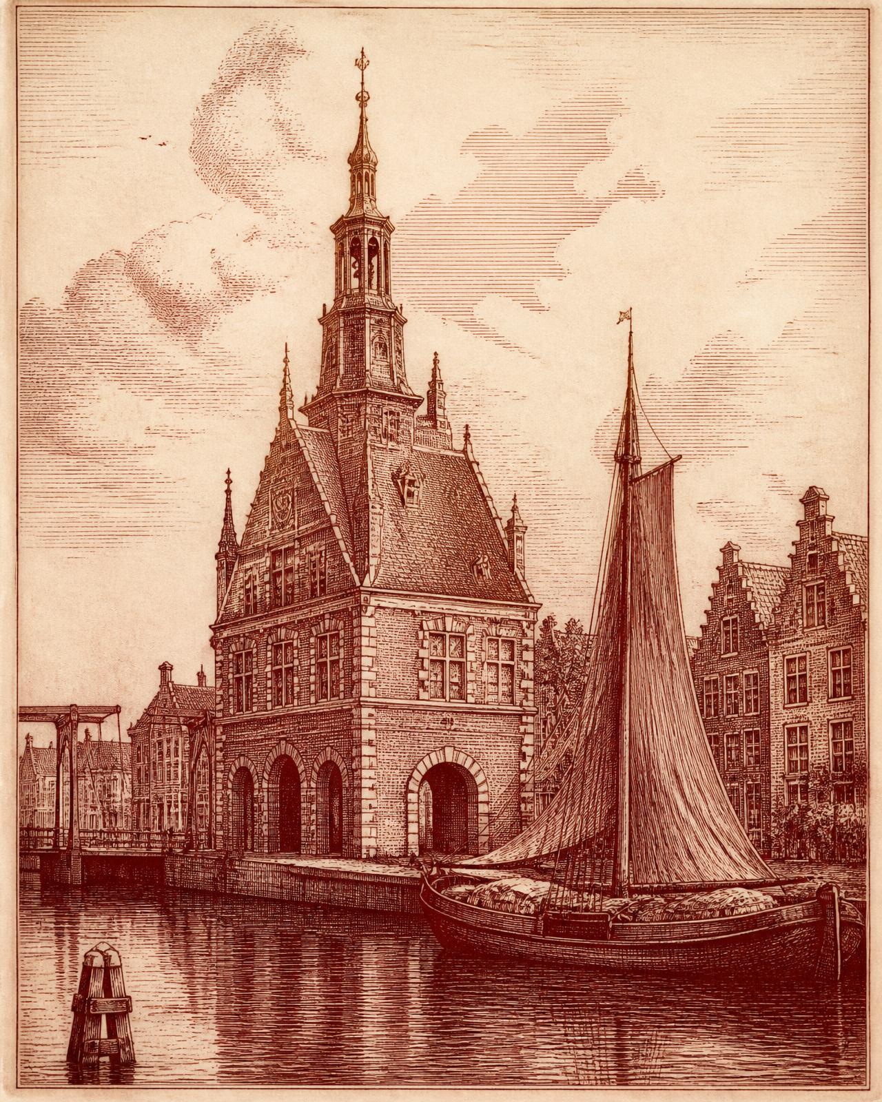 Gravure van de Waag aan het Waagplein in Alkmaar met een zeilschuit in de gracht